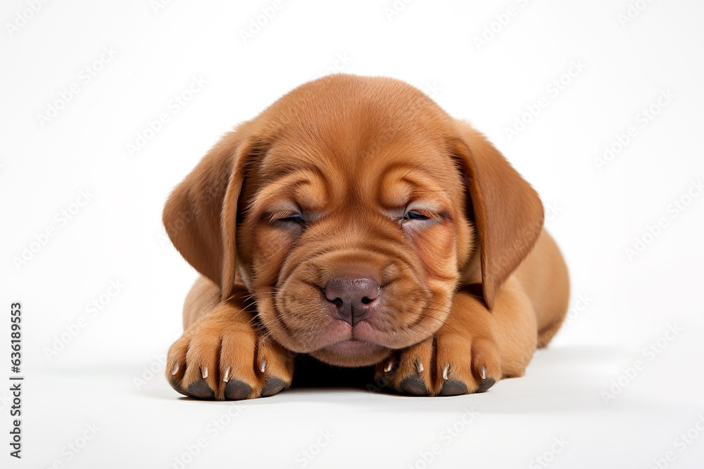 a Bordeaux puppy dog sleepy in front of a white background. 