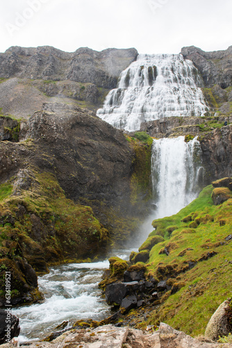 Dynjandi waterfall Iceland with  drop  in foreground