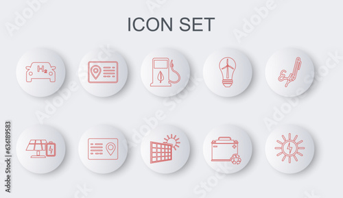 Set line Solar energy panel, and battery, Bio fuel with fueling nozzle, Car recycle, Hydrogen car, Address book, and sun icon. Vector