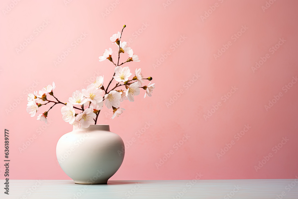 Cherry Blossom flowers in a clay pot, pastel background, copy space Cherry Blossom flowers in a clay pot, pastel background, copy space
