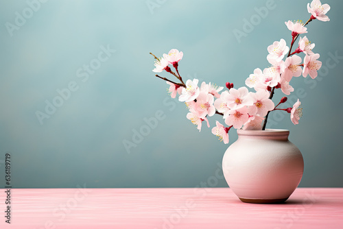 Cherry Blossom flowers in a clay pot, pastel background, copy space