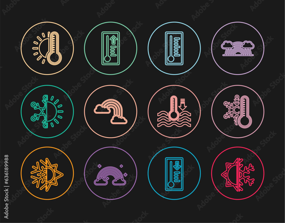 Set line Sun and snowflake, Thermometer with, Meteorology thermometer, Rainbow clouds, sun, Water and icon. Vector Set line Sun and snowflake, Thermometer with, Meteorology thermometer, Rainbow clouds, sun, Water and icon. Vector