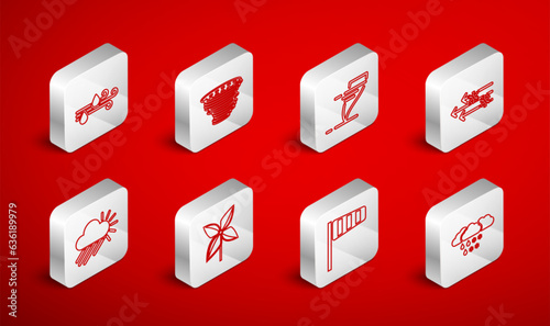 Set line Cloud with snow and rain, Tornado, Wind, Cone windsock wind vane, Pinwheel and Cloudy sun icon. Vector