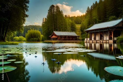 Fine art beautyful white lotus flowers with dragonfly in lake 