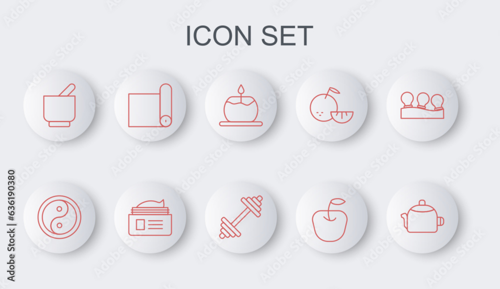 Set line Kettle with handle, Yin Yang, Aroma candle, Apple, Mortar pestle, Fitness mat roll, Ointment cream tube and Dumbbell icon. Vector Set line Kettle with handle, Yin Yang, Aroma candle, Apple, Mortar pestle, Fitness mat roll, Ointment cream tube and Dumbbell icon. Vector