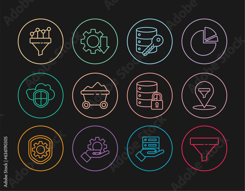 Set line Sales funnel, Location with sales, Server security key, Coal mine trolley, Cloud and shield, chart, lock and Cost reduction icon. Vector