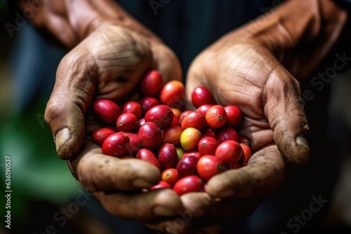 A person holding a handful of coffee beans. Digital image.