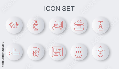 Set line Hamsa hand, Wood cricket bat ball, Taxi tuk tuk, Incense sticks, Kheer in bowl, Indian vase, man and Hindu swastika icon. Vector