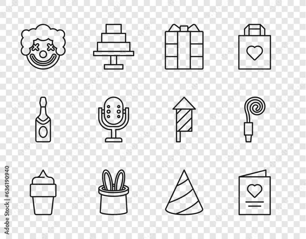 Set line Ice cream in waffle cone, Postcard with heart, Gift box, Magician hat and rabbit ears, Clown head, Microphone, Party and Birthday party horn icon. Vector