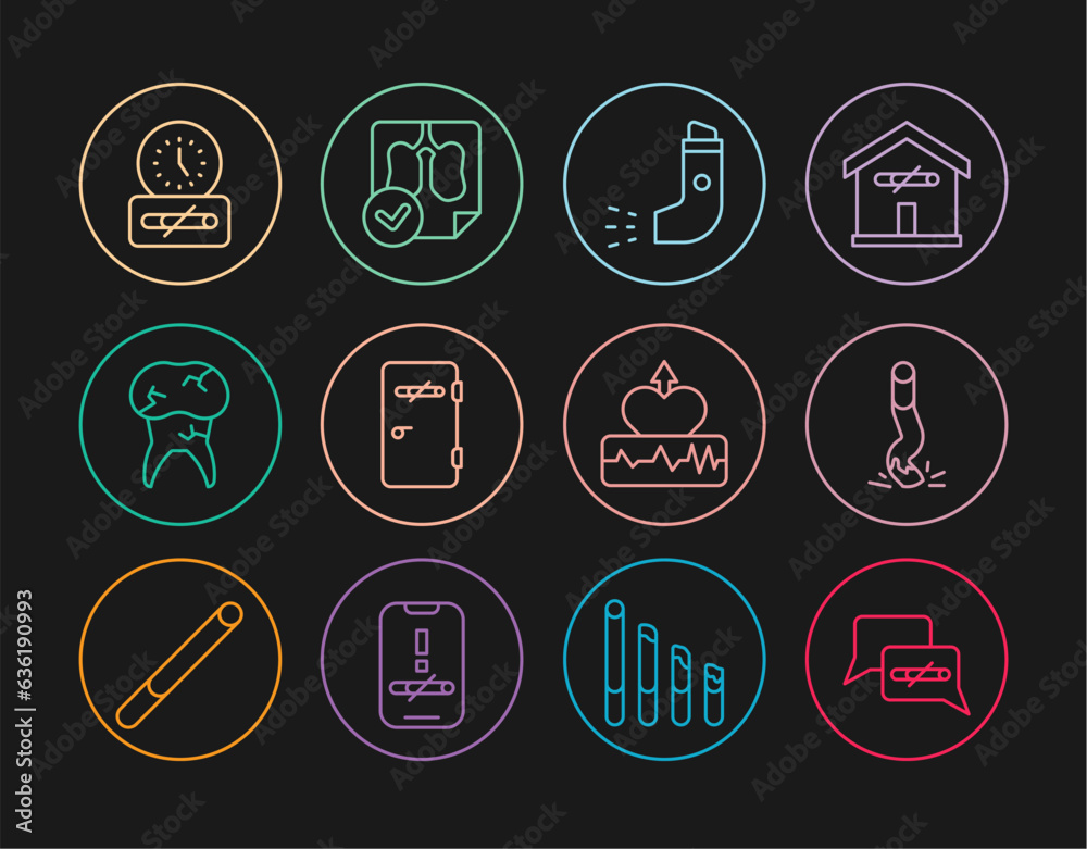 Set line No smoking, Cigarette butt, Inhaler, area, Tooth with caries, time, Heartbeat increase and Lungs x-ray diagnostics icon. Vector Set line No smoking, Cigarette butt, Inhaler, area, Tooth with caries, time, Heartbeat increase and Lungs x-ray diagnostics icon. Vector