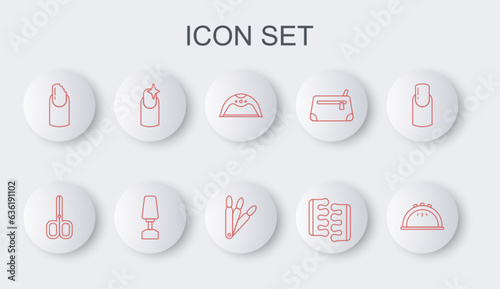 Set line Manicure lamp, Nail scissors, Toe separator for pedicure, Broken nail, manicure, Milling cutter and False nails icon. Vector