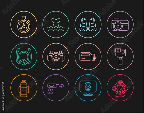 Set line Aqualung, Action extreme camera, Flippers for swimming, Photo diver, Diving mask with snorkel, Stopwatch, Flashlight and Whale tail icon. Vector