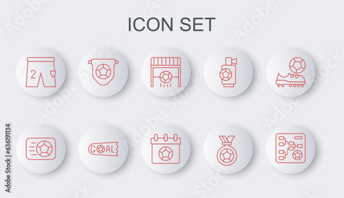 Set line Championship tournament bracket, Soccer football ball, Football goal with, or soccer medal, Shorts for playing, flag pennant, Goal and calendar icon. Vector