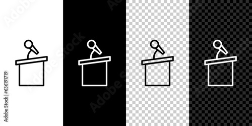 Set line Stage stand or debate podium rostrum icon isolated on black and white background. Conference speech tribune. Vector