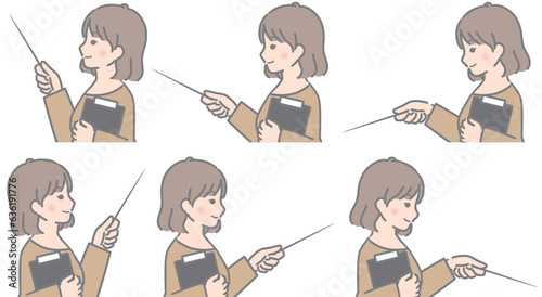 バインダーを持ち色々な方向を指示棒で指す 若い女性（横向き、私服）