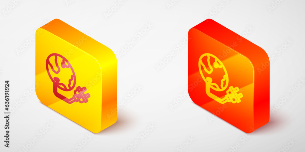 Isometric line Global energy power planet with plug icon isolated on grey background. Ecology concept and environmental. Yellow and orange square button. Vector