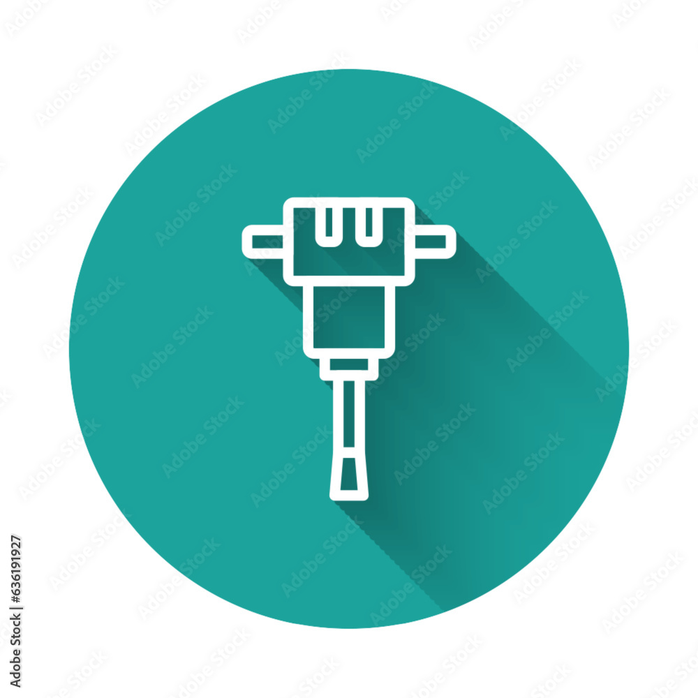 White line Construction jackhammer icon isolated with long shadow background. Green circle button. Vector White line Construction jackhammer icon isolated with long shadow background. Green circle button. Vector
