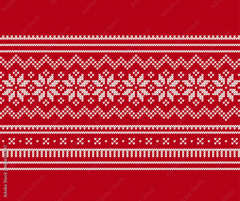 Holiday traditional Christmas pattern. Xmas winter knit seamless print. Red knitted sweater texture. Geometric background with snowflakes. Wool pullover ornament. Festive crochet. Vector illustration Holiday traditional Christmas pattern. Xmas winter knit seamless print. Red knitted sweater texture. Geometric background with snowflakes. Wool pullover ornament. Festive crochet. Vector illustration