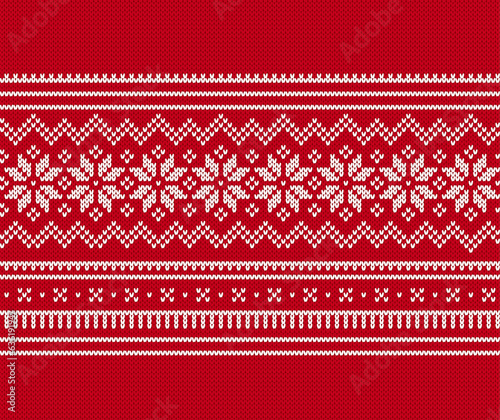 Holiday traditional Christmas pattern. Xmas winter knit seamless print. Red knitted sweater texture. Geometric background with snowflakes. Wool pullover ornament. Festive crochet. Vector illustration
