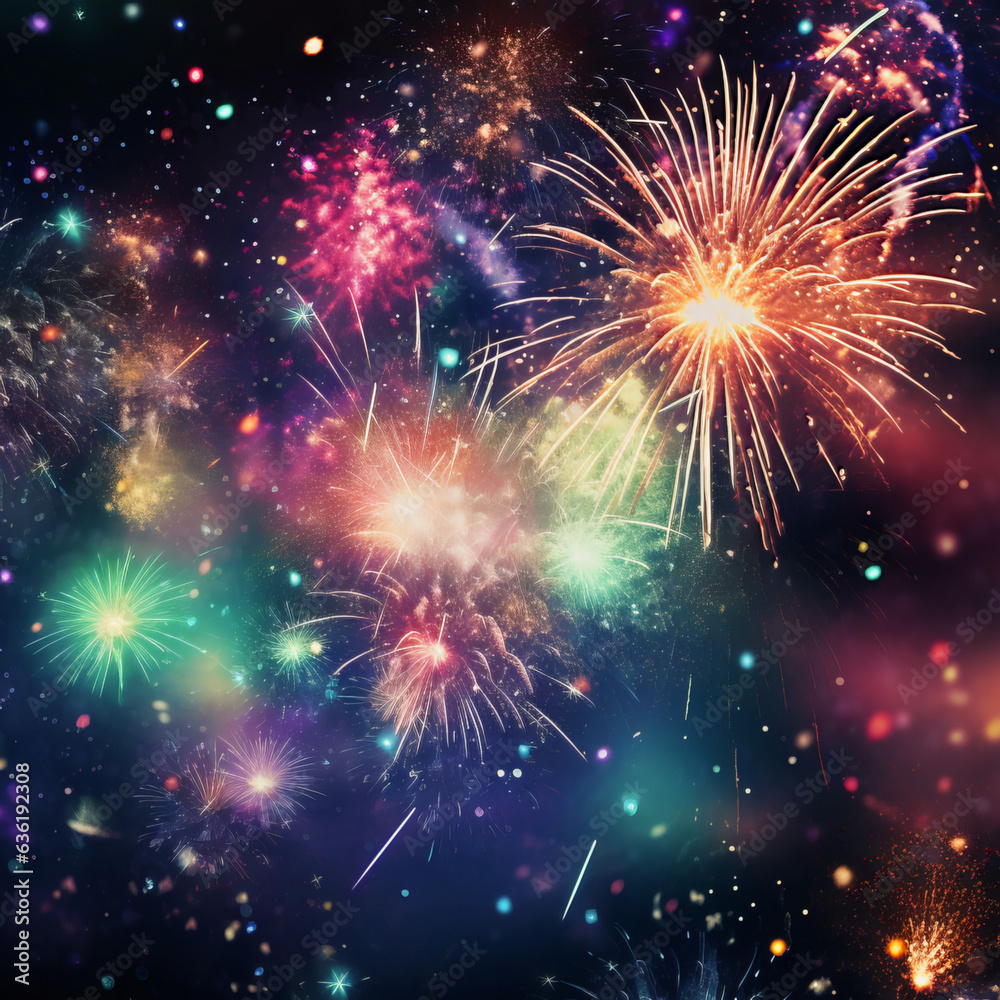 Generative AI of Festival fireworks banner frame. Abstract colorful firework display for holiday and celebrations in the starry night sky, Copy space for text, New Year holiday concept