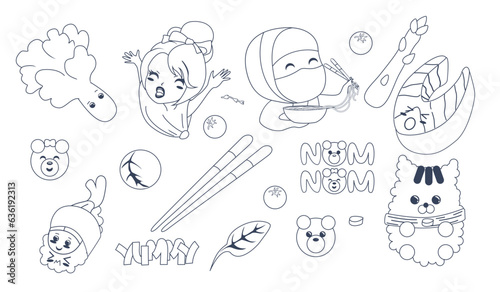 Vector image of a set of national Japanese dishes and products in contours. EPS 10