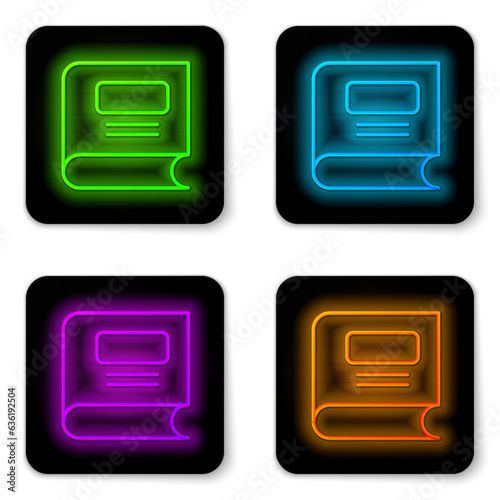 Glowing neon line Book icon isolated on white background. Black square button. Vector