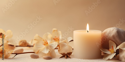 Beautiful candles with flowers on wooden background Spa Candle Stock 
