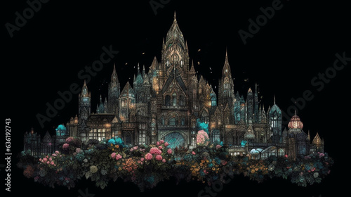 view of the cathedral with flowers on a black background