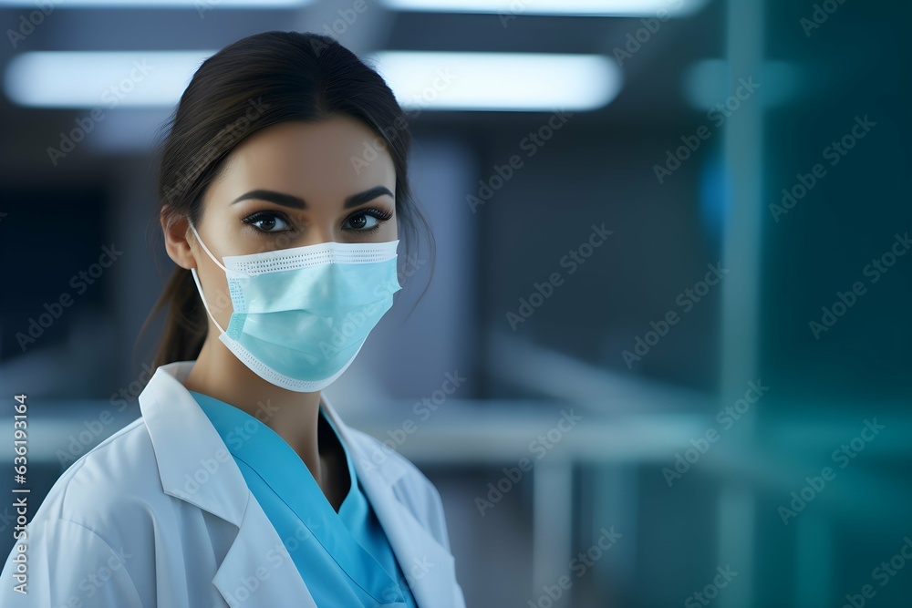Latin American female doctor with a face mask standing in a hospital background, medical wallpaper, empty copy space, Horizontal format 3:2 Latin American female doctor with a face mask standing in a hospital background, medical wallpaper, empty copy space, Horizontal format 3:2