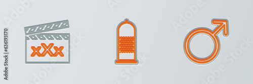 Set line Male gender symbol, Movie clapper with Sex and Condom safe sex icon. Vector