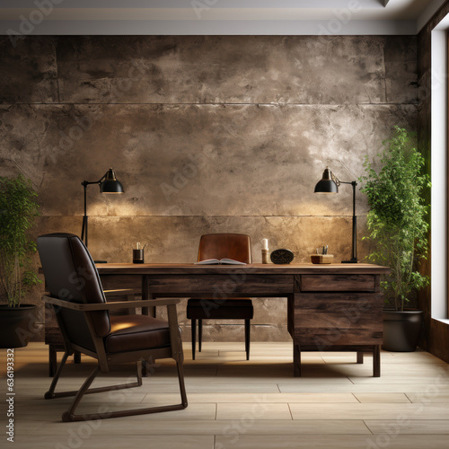 rustic office with a stone desk light brown colored 