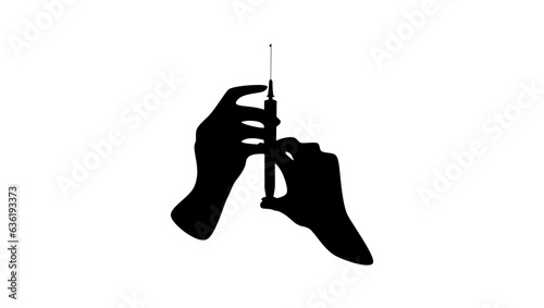 Preparing a disposable syringe for injection, two hands hold a syringe and release air to give an injection