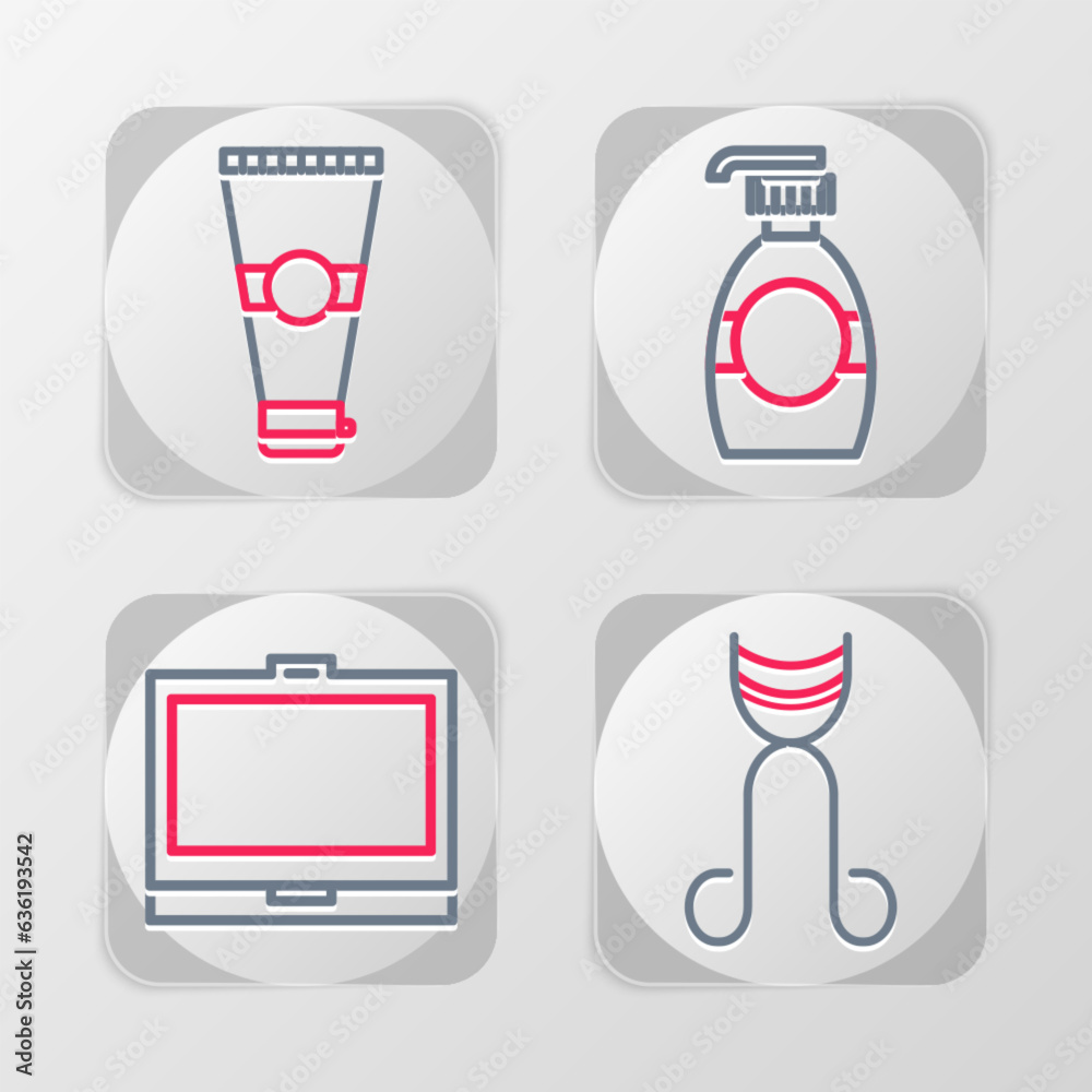 Set line Eyelash curler, Makeup powder with mirror, Bottle of liquid soap and Lotion cosmetic tube icon. Vector Set line Eyelash curler, Makeup powder with mirror, Bottle of liquid soap and Lotion cosmetic tube icon. Vector