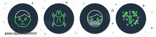 Set line Parasite mite, Face in protective mask, Inflammation on face and Bacteria icon. Vector