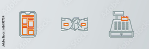 Set line Cash register machine, Online shopping on phone and Crumpled paper money cash icon. Vector