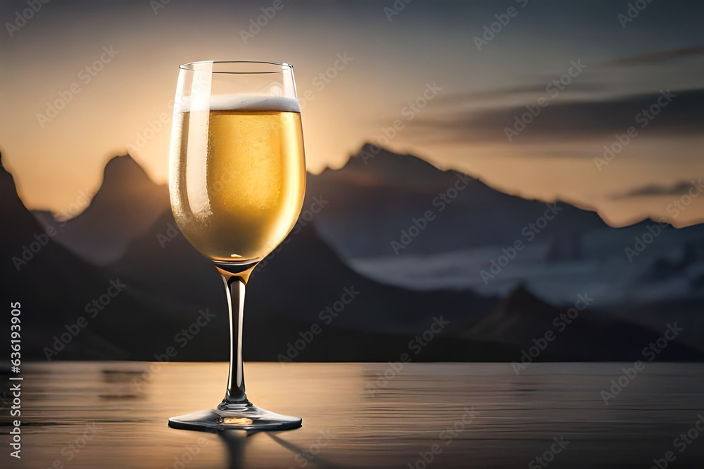 two glasses of champagne on sunset background