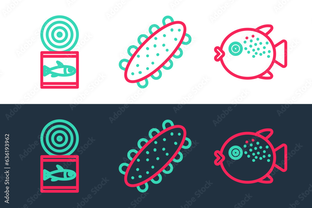 Set line Puffer fish, Canned and Sea cucumber icon. Vector Set line Puffer fish, Canned and Sea cucumber icon. Vector