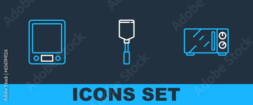 Set line Microwave oven, Electronic scales and Spatula icon. Vector