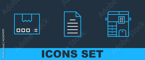 Set line Copy machine, Carton cardboard box and File document icon. Vector