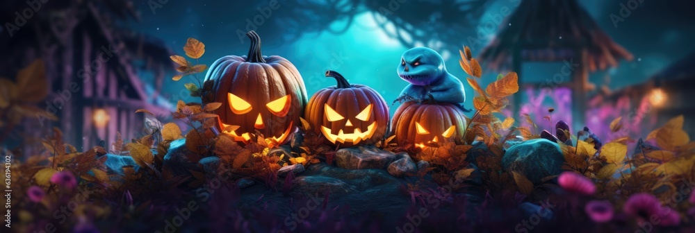 Naklejka premium Pumpkin orange glows angry face. Pumpkin glows in the night for Halloween. Horizontal banner, web poster, website header. generative ai
