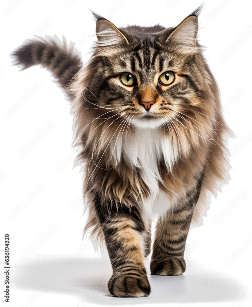 Norwegian Forest Cat, Full Body, Walking, Smiling Face, High Resolution on a white background