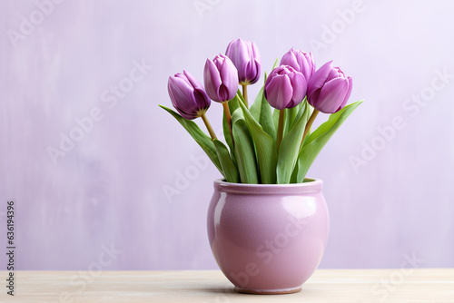  Tulip flowers in a clay pot  minimalism  pastel background  copy space