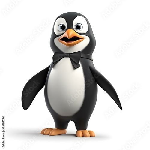 Full body 3d character of a cute penguin wearing a black suit on a white background