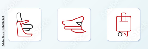 Set line Suitcase, Airplane seat and Pilot hat icon. Vector