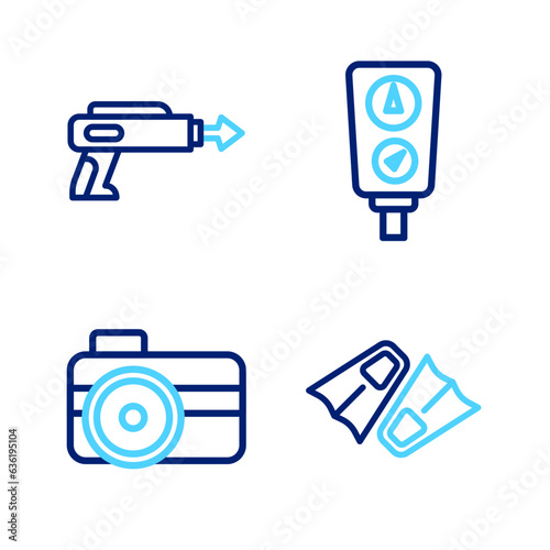 Set line Flippers for swimming, Photo camera diver, Gauge scale and Fishing harpoon icon. Vector