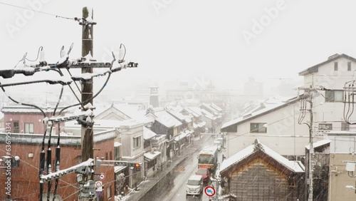 風情ある「蔵造りの町並み」冬の雪景色 ドローン動画素材【埼玉県・川越市】Snow of 