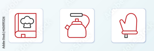 Set line Oven glove, Cookbook and Kettle with handle icon. Vector
