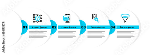 Set line Funnel or filter, Photo retouching, Cloud technology data transfer and Neural network icon. Vector