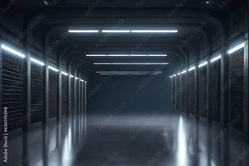 Dark Concrete Led White Lights Underground Tunnel Corridor Cement Asphalt Hallway Warehouse Tunnel Corridor Metal Structure Realistic Empty 3D Rendering  3d rendering