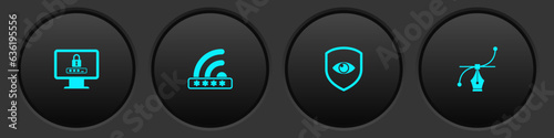 Set Monitor with password, Wifi locked, Shield and eye and Bezier curve icon. Vector